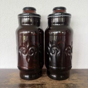 2 Vintage 1970's Borden Cremora Amber Glass Canister Apothecary Jar Fleur De Lis